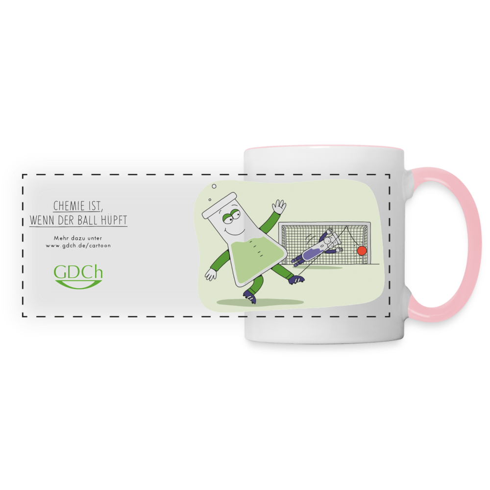 Tasse mit dem GDCh-Erlenmeyerchen: Chemie ist, wenn der Ball hüpft. - Weiß/Pink