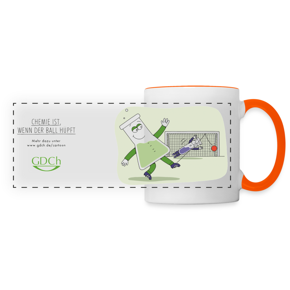 Tasse mit dem GDCh-Erlenmeyerchen: Chemie ist, wenn der Ball hüpft. - Weiß/Orange
