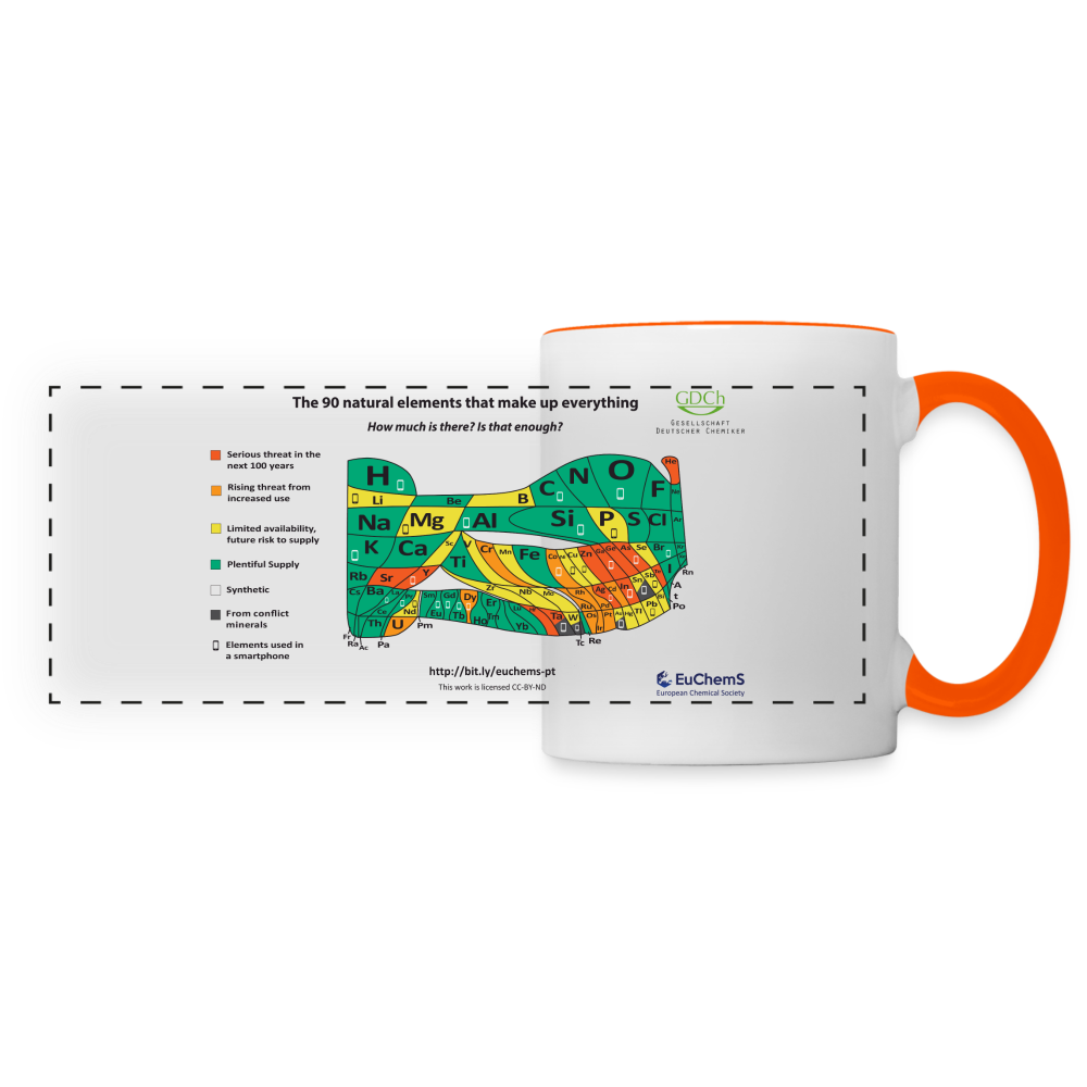 Tasse mit PSE nach Knappheit der Elemente: Das EuChemS-Periodensystem auf einer Tasse - Weiß/Orange