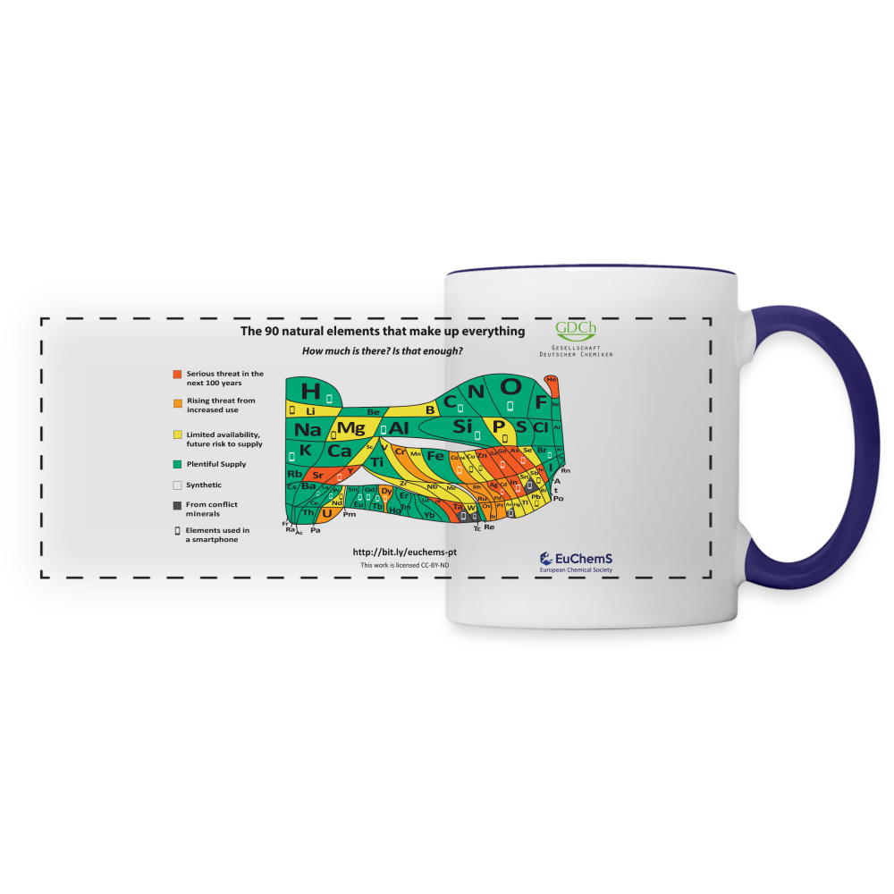 Tasse mit PSE nach Knappheit der Elemente: Das EuChemS-Periodensystem auf einer Tasse - Weiß/Kobaltblau